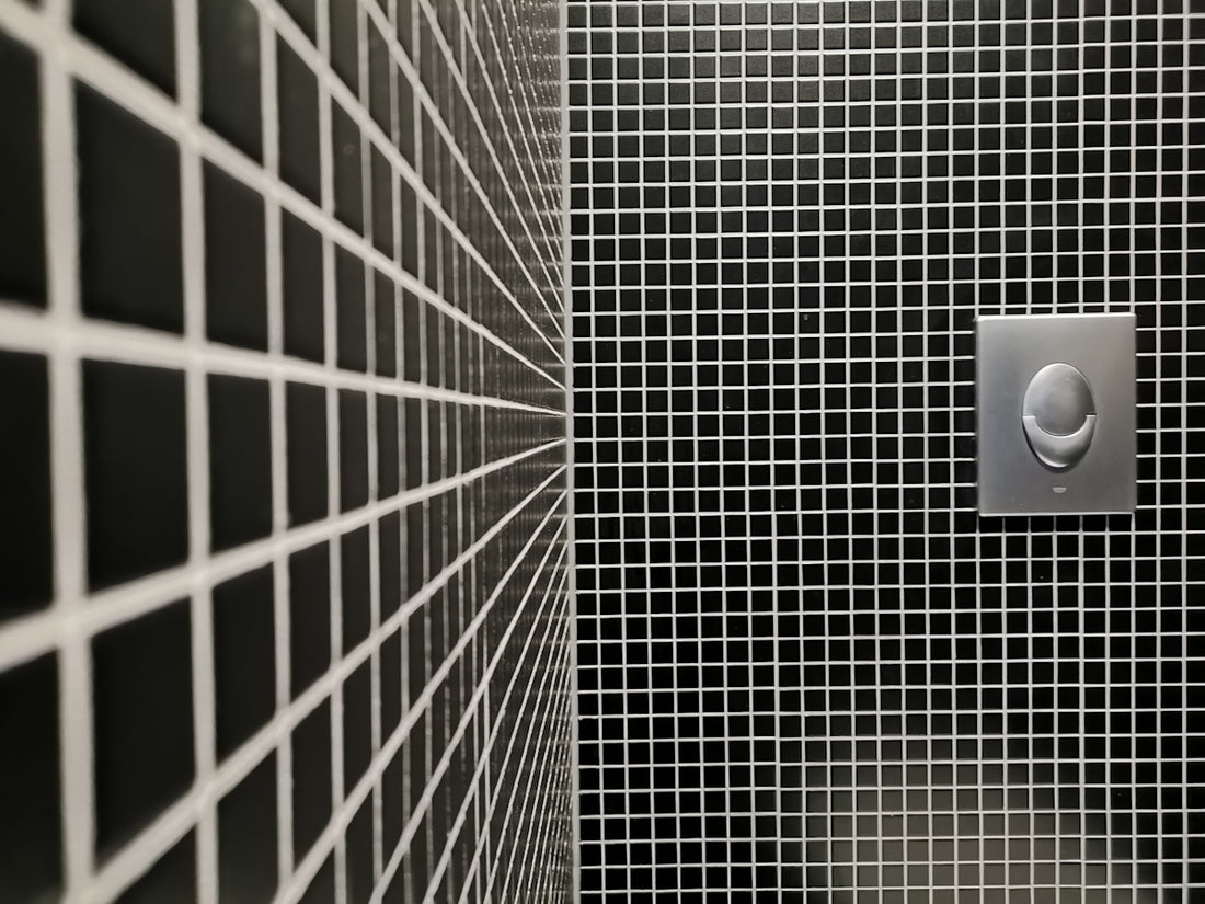 a black and white tiled bathroom with a toilet paper dispenser