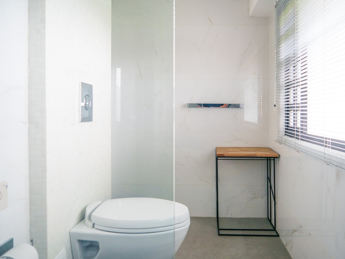 a white toilet sitting next to a window in a bathroom