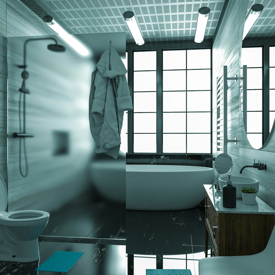a bathroom with a bathtub and toilet