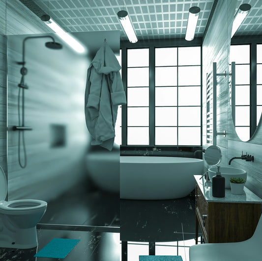 a bathroom with a bathtub and toilet