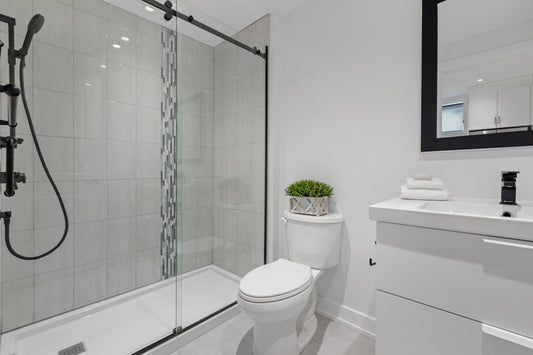 a bathroom with a glass shower