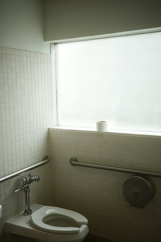 A white toilet sitting next to a window in a bathroom