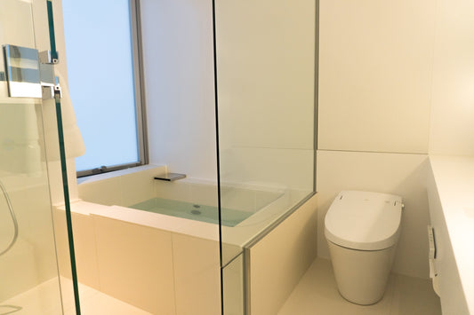 A bathroom with a glass shower and a toilet