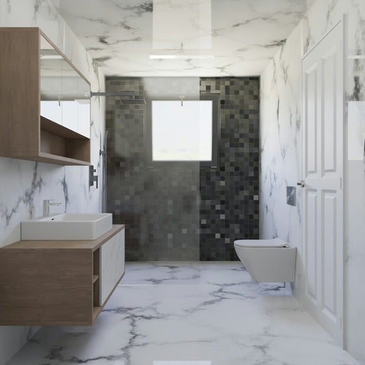 Modern bathroom with marble walls and wooden vanity.