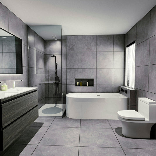 Modern bathroom with bathtub, shower, and vanity.
