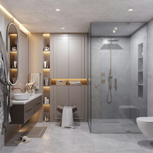 Modern bathroom with glass shower and vanity