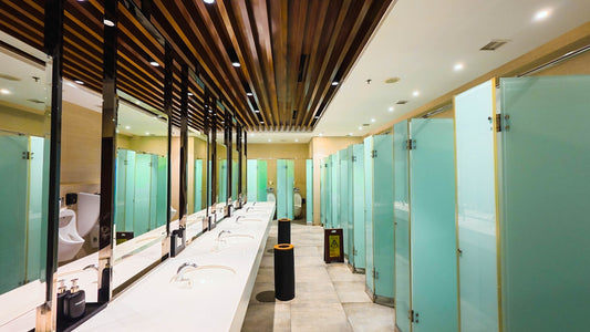 Modern public restroom with sinks, mirrors, and frosted glass stalls.