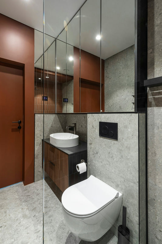 Modern bathroom with toilet, sink, and large mirror.